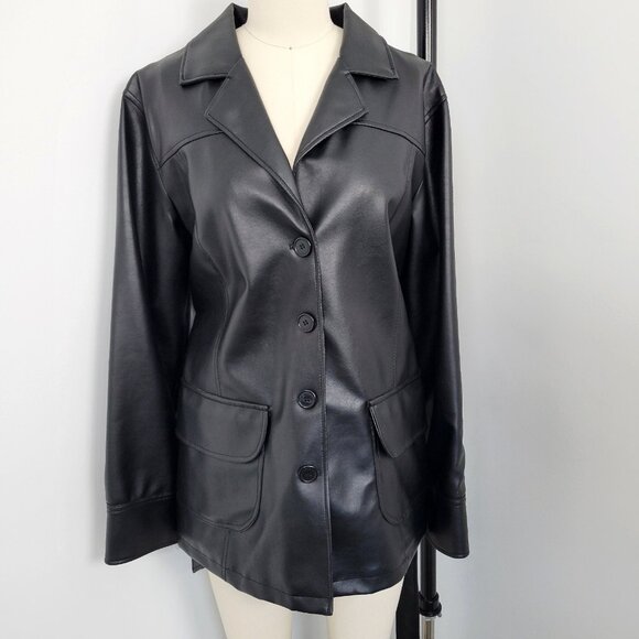 Outer Edge Faux Leather Trench Coat – Early 2000s Y2K Belted Jacket - Picture 2 of 12